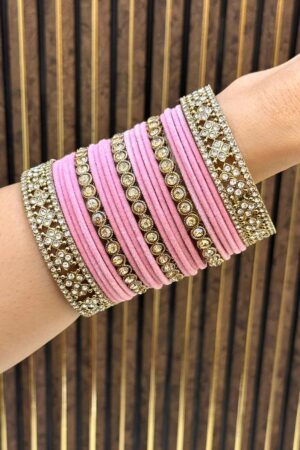 Pink Silk Smooth Antique Gold Polish Bangle Set For 2 Hands