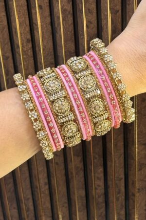 Pink Emerald Diamonds Royale Glow Antique Gold Bangle Set For 2 Hands
