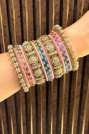 Multi Mint Pink Emerald Diamonds Royale Glow Antique Gold Bangle Set For 2 Hands