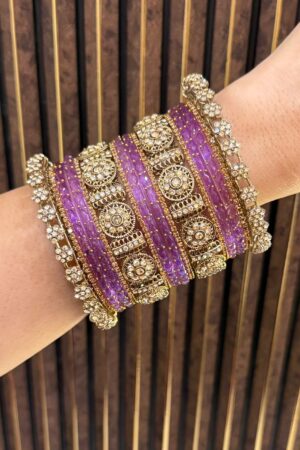 Lavendar Emerald Royale Glow Antique Gold Bangle Set For 2 Hands