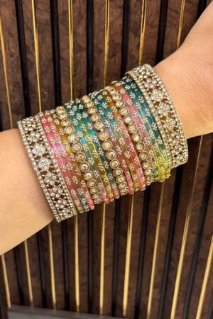 Multi Diamonds Glass Silk Smooth Antique Gold Polish Bangle Set For 2 Hands