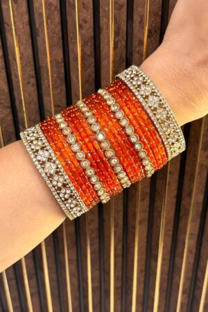 Orange Glass Silk Smooth Antique Gold Polish Bangle Set For 2 Hands