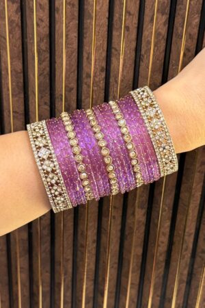 Lavendar Glass Silk Smooth Antique Gold Polish Bangle Set For 2 Hands