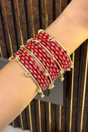 Gulnazar Premium Silk Red Kashmiri Ghungroo Set of 16 Bangles