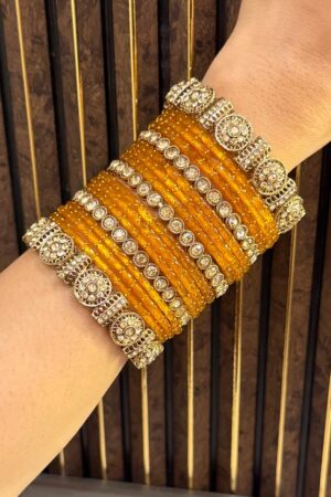 Haldi Yellow Glass Silk Smooth Antique Gold Polish Bangle Set For 2 Hands