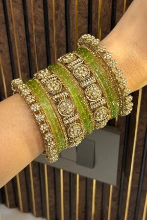 Mint Emerald Royale Glow Antique Gold Bangle Set For 2 Hands