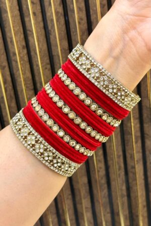 Red Silk Smooth Antique Gold Polish Bangle Set For 2 Hands