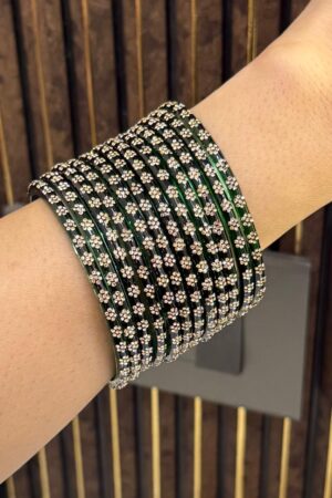 Green Emerald Queen Diamond Pure Glass Bangles Set of 12
