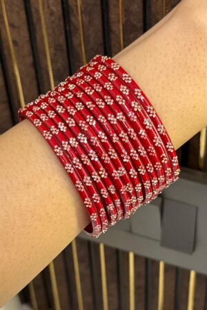 Silk Red Queen Diamond Pure Glass Bangles Set of 12