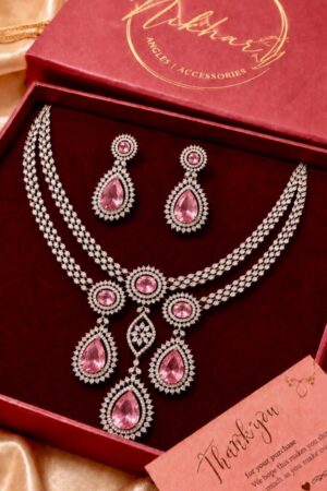 Radical Impress Pink Gem Antique Polish American Diamond Necklace Set