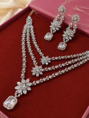 3 Layered Queens Embrace Antique Polish American Diamond Necklace Set