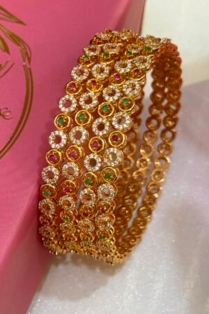 Sleek Ruby Emerald American Diamond 22KT Gold Polish Bangle Set of 4