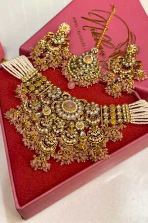 Rajuputana Heritage Pink Pearl Gold Jewellery With Earrings And Maang Teeka