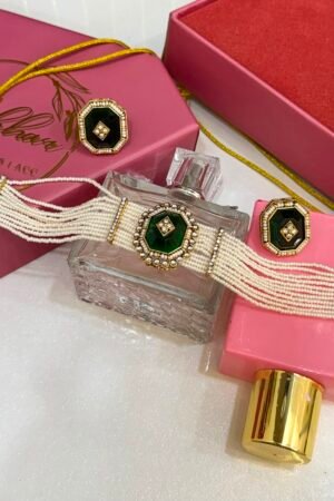Rivaayat Pearl Emerald Choker With Earrings