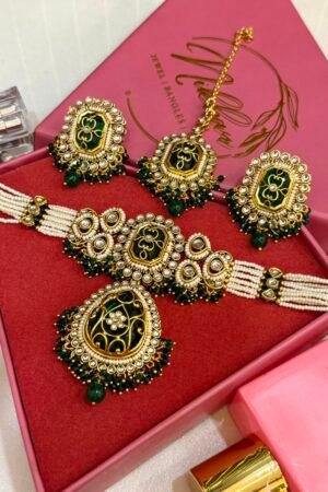 Ranisaa Heritage Green Pearl Choker Set With Earrings And Maang Teeka
