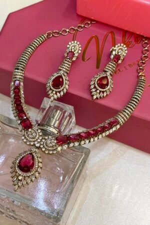 Exclusive Ruby Crystal Victorian Polish AD Necklace With Earrings