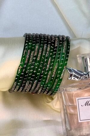 Green Diamond Line Pure Glass Bangles Set of 12