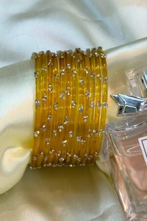 Yellow Tristar Diamond Glass Bangles Set of 12