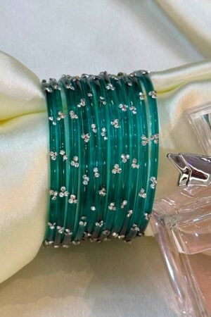 Peacock Radium Tristar Diamond Glass Bangles Set of 12