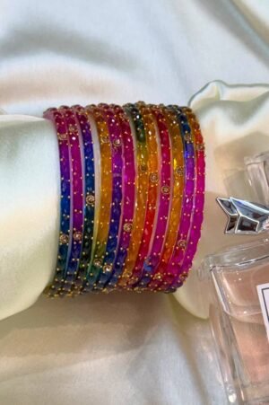 Dark Multi Color Raindrop Flower Glass Bangles Set of 12
