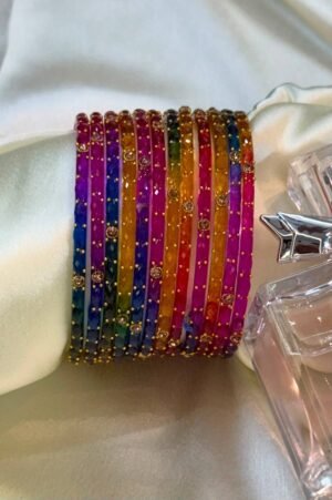 Dark Multi Raindrop Flower Glass Bangles Set of 12