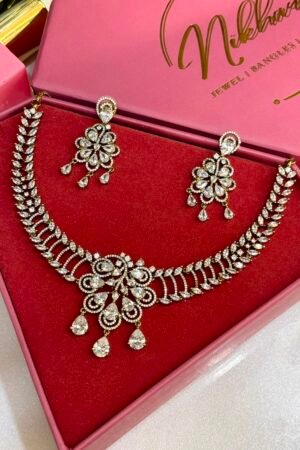 Crown Radiant Victorian Polish AD Necklace With Earrings