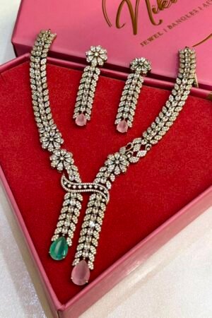 Queen's Glory Mint Pink Victorian Polish AD Necklace With Earrings