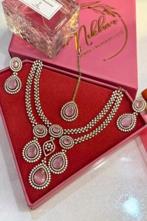 Drop Cut Pink Victorian Polish AD Necklace With Earrings and Maang Teeka