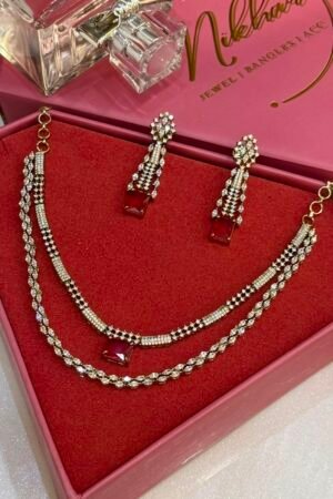 2 Line Ruby Setted Stones Victorian Polish AD Necklace With Earrings