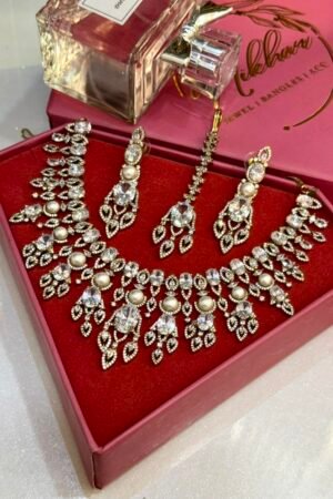Maharani Diamond Victorian Polish AD Necklace With Earrings With Maang Teeka