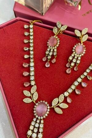 Pink Flower Dazzle Victorian Polish AD Necklace With Earrings