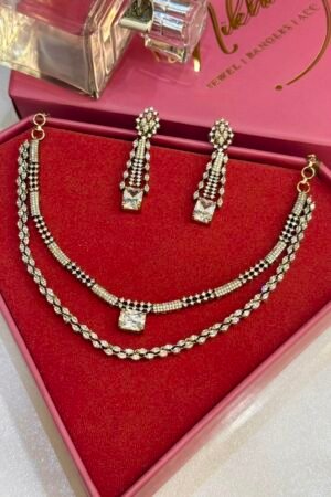 2 Line Setted Stones Victorian Polish AD Necklace With Earrings