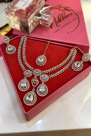 Drop Cut Victorian Polish AD Necklace With Earrings and Maang Teeka