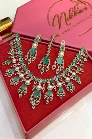 Maharani Diamond Mint Victorian Polish AD Necklace With Earrings With Maang Teeka