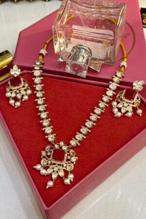 Polki Kundan Ruby Fresh Pearls Pendant Set With Earrings