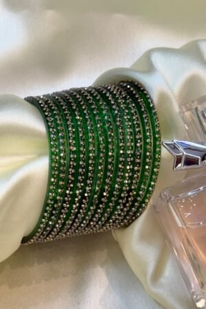 Green Flower Diamond Dots Glass Bangles Set of 12