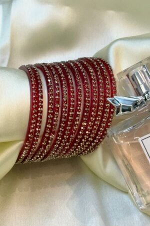 Red Flower Diamond Dots Glass Bangles Set of 12
