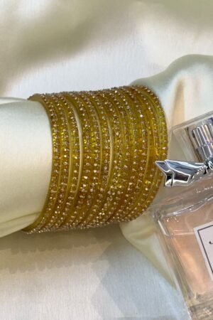Mustard Yellow Diamond Dots Glass Bangles Set of 12