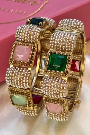 Zoish Pearl Multi Stone Antique Gold Polish Bangle Set of 2