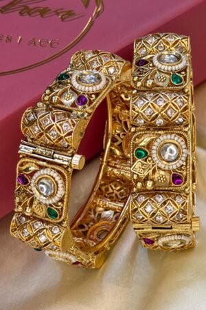 Gulnaar Kundan Pearl Ruby and Emerald Gold Polish Bangle Set of 2