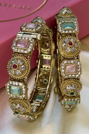 Zariyah Mint Pink Antique Gold Polish Bangle Set of 2 (Openable)