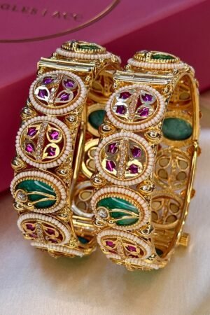 Zarqash Heritage Ruby and Emerald Gold Polish Bangle Set of 2 (Openable)