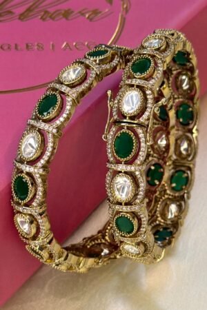 Zohra Green Emerald Moissanite Gemstone Antique Gold Exclusive Bangles Set of 2