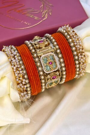 Mehfil Darbaar Orange Heritage Gold Polish Bangle Set For 2 Hands