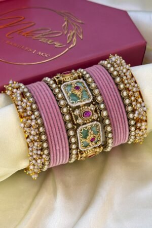 Mehfil Darbaar Baby Pink Heritage Gold Polish Bangle Set For 2 Hands
