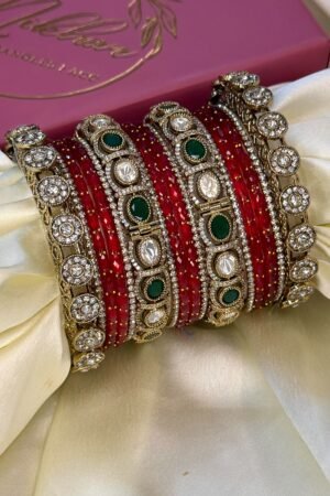 Rajmukut Palace Moissanite Emerald Gemstone Gold Polish Bangle Set For 2 Hands
