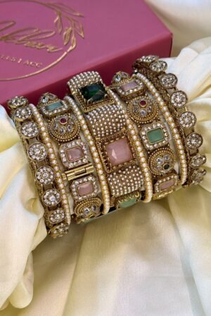 Raj Collection MultiStone Antique Gold Polish Bangle Set For 2 Hands