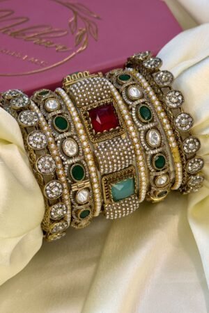 Zohira Jewels Moissanite Emerald Gemstone Antique Gold Polish Bangle Set For 2 Hands
