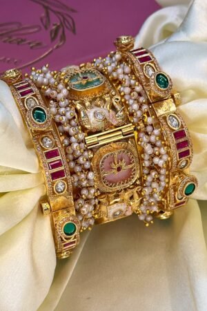 Darbar Shehenshah Ruby Emerald and Pearl Gold Polish Bangle Set For 2 Hands