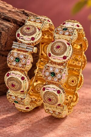 Rajmahal Emerald and Ruby Gold Polish Bangle Set of 2 (Openable)